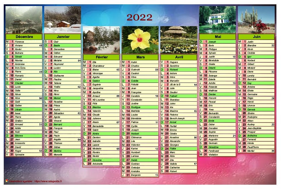 Calendrier 2022 de sept mois avec photos