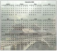 Calendrier 2022 annuel à imprimer, format paysage, quatre colonnes par trois lignes, par dessus une photo