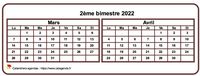 Calendrier 2022 à imprimer bimestriel, format mini de poche, horizontal, fond blanc