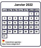 Calendrier de janvier 2022 à imprimer, fond blanc, taille mini, format poche, spécial portefeuille