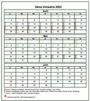 Calendrier 2022 à imprimer trimestriel, format mini de poche, avec les vacances scolaires