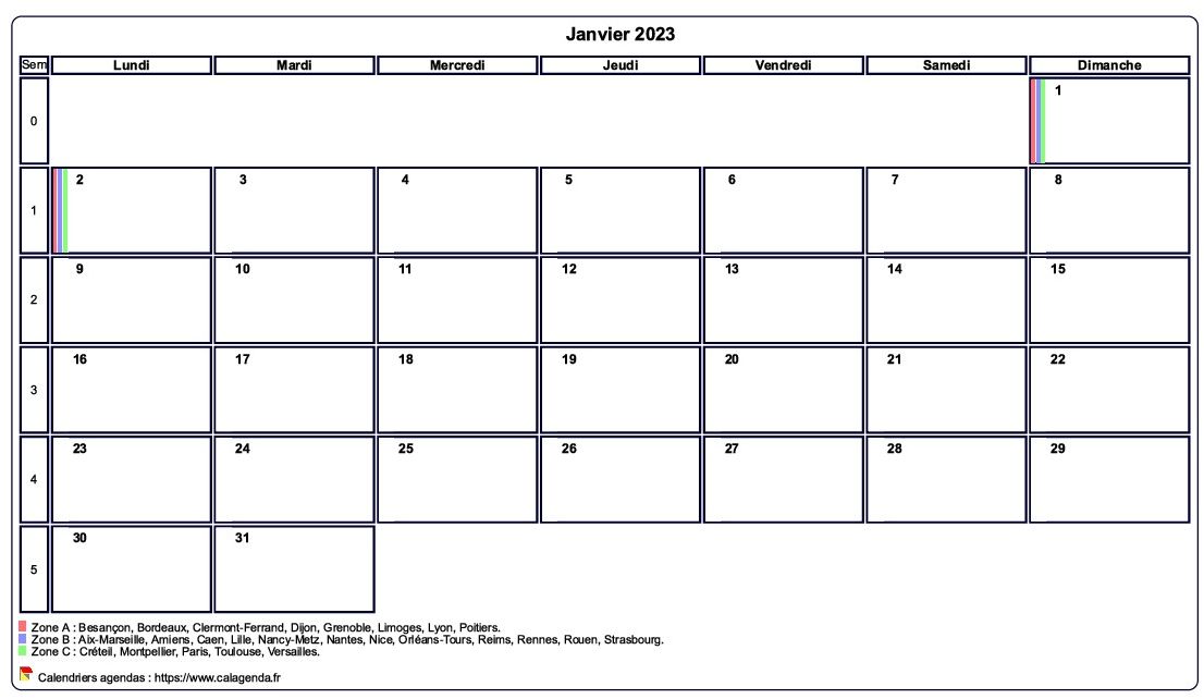 Calendrier janvier 2023 personnalisable avec les vacances scolaires Calendrier janvier 2023 personnalisable avec les vacances scolaires
