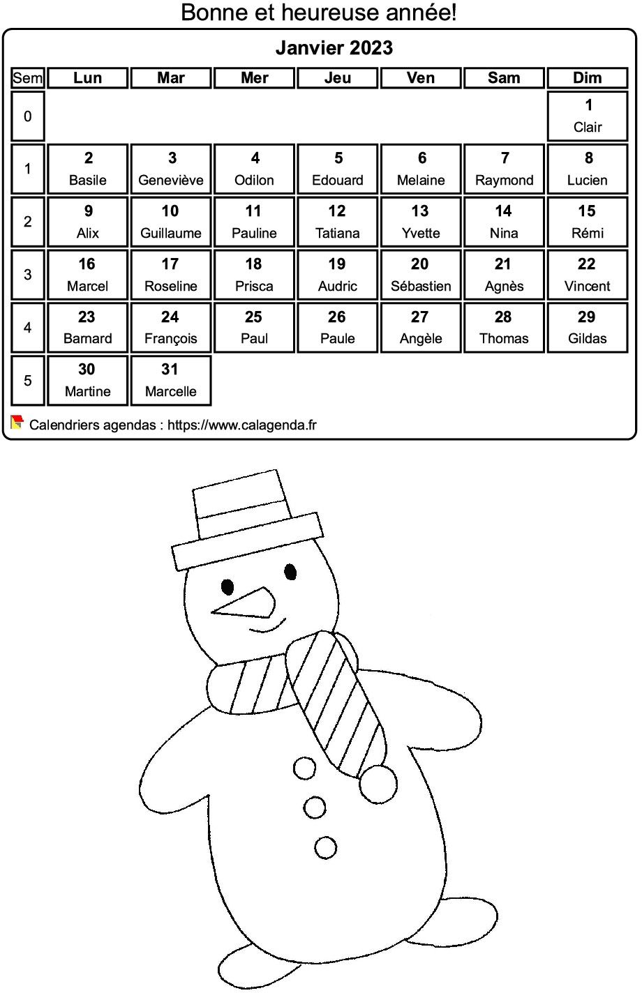 Calendrier 2023 à colorier du mois de janvier