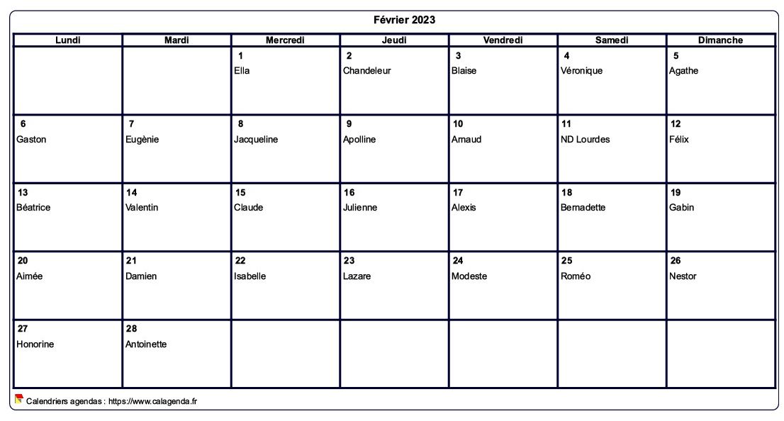 Calendrier février 2023 à imprimer vierge, avec les fêtes