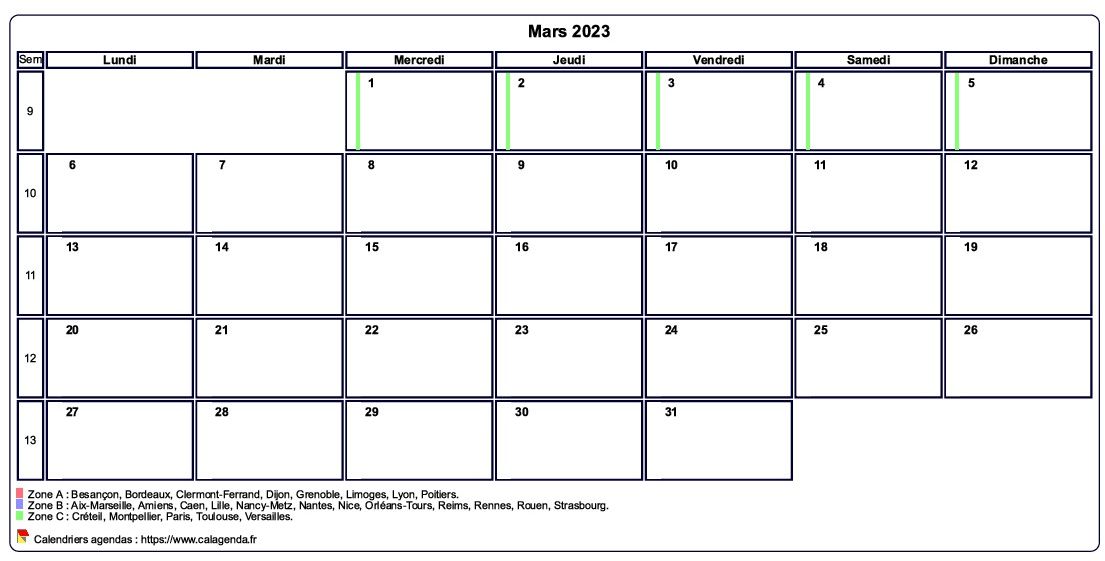 Calendrier mars 2023 personnalisable avec les vacances scolaires