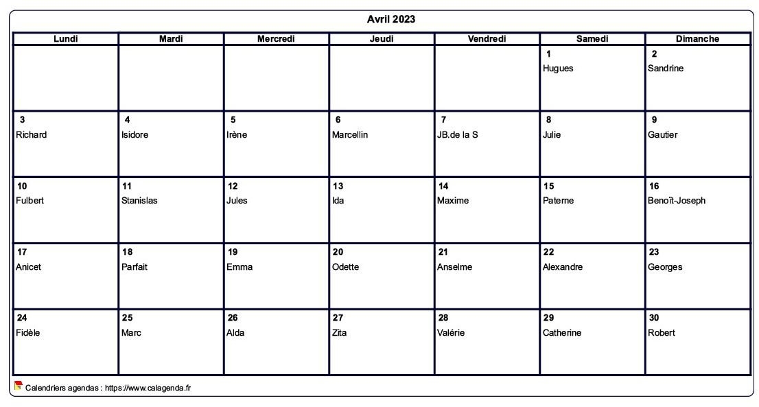 Calendrier avril 2023 à imprimer vierge, avec les fêtes Calendrier avril 2023 à imprimer vierge, avec les fêtes