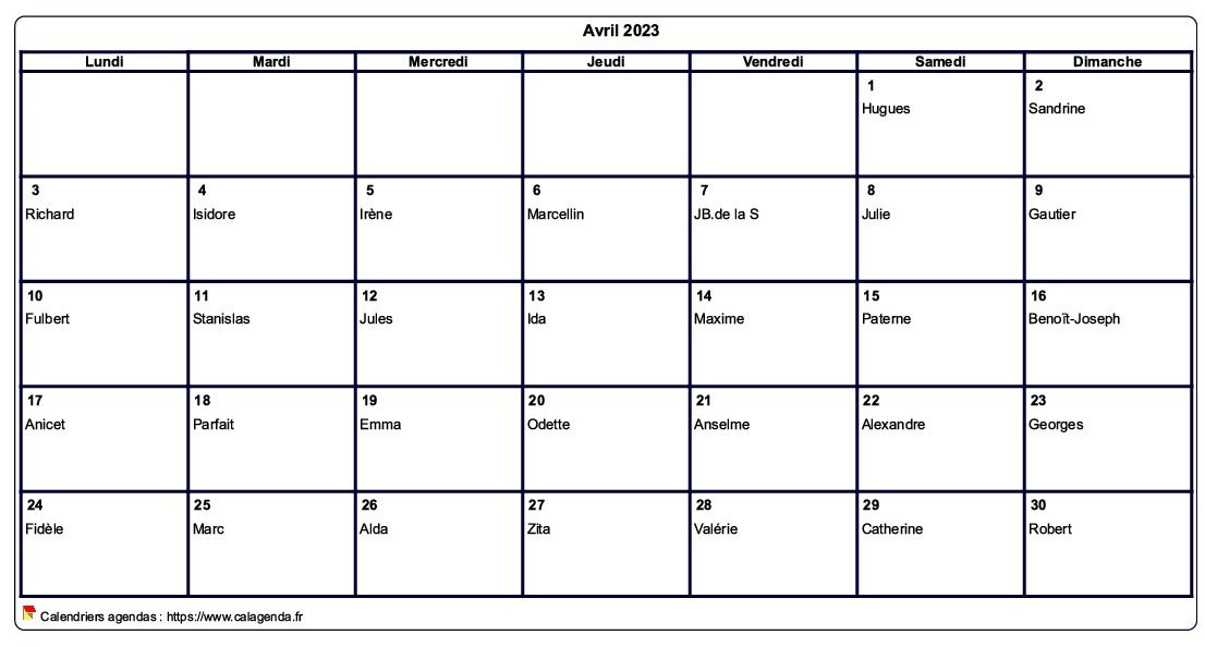 Calendrier avril 2023 à imprimer vierge, avec les fêtes