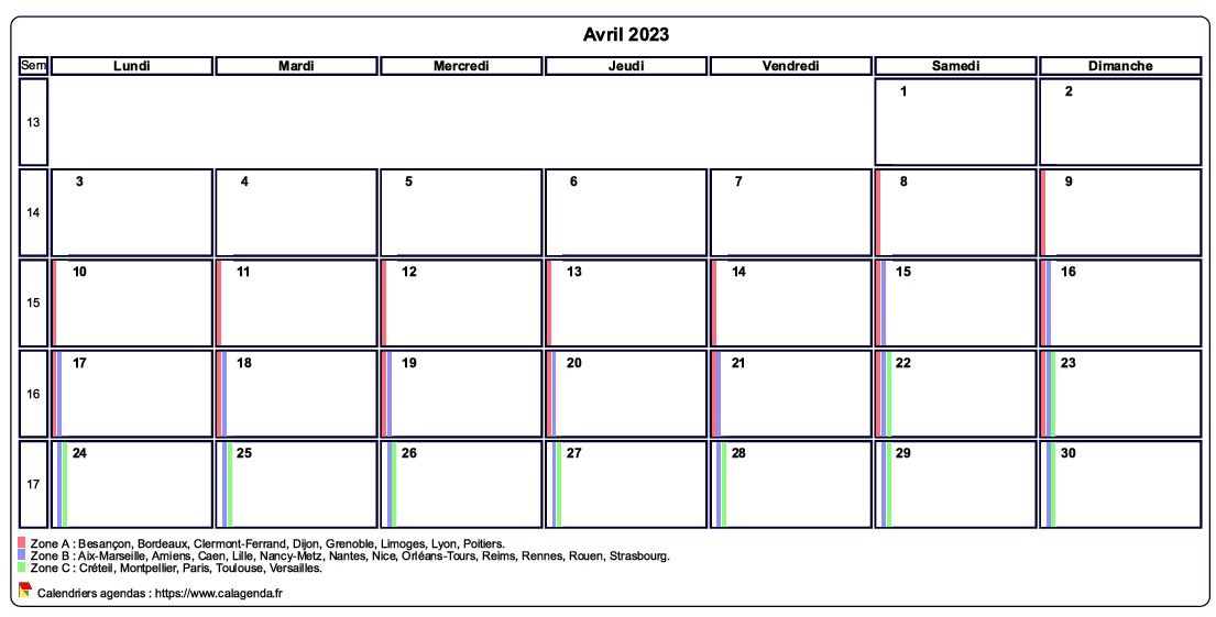 Calendrier avril 2023 personnalisable avec les vacances scolaires