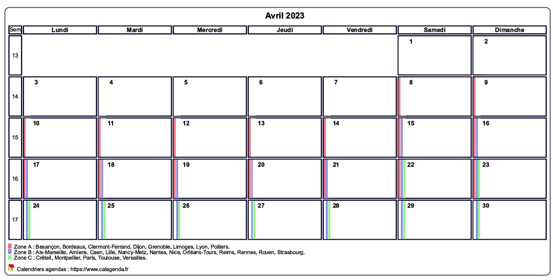 Calendrier avril 2023 personnalisable avec les vacances scolaires Calendrier avril 2023 personnalisable avec les vacances scolaires