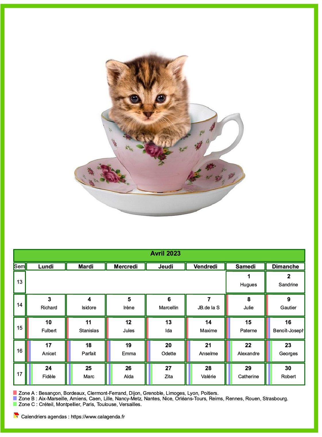 Calendrier avril 2023 chats