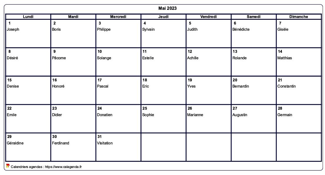 Calendrier mai 2023 à imprimer vierge, avec les fêtes Calendrier mai 2023 à imprimer vierge, avec les fêtes