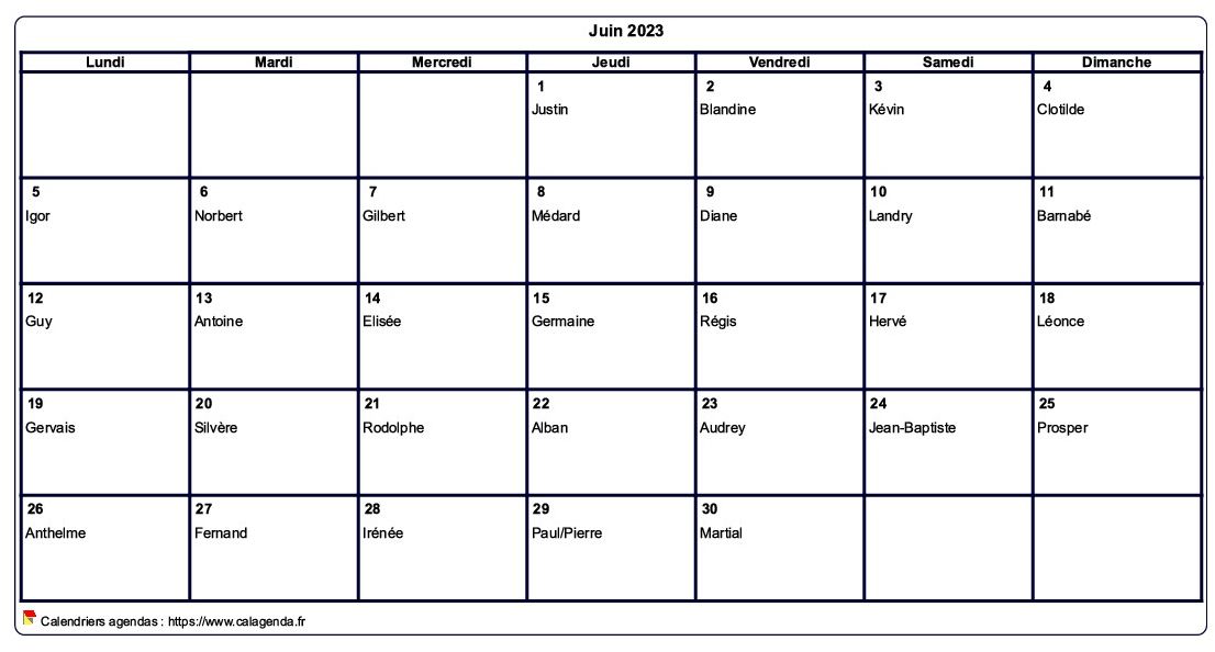 Calendrier juin 2023 à imprimer vierge, avec les fêtes