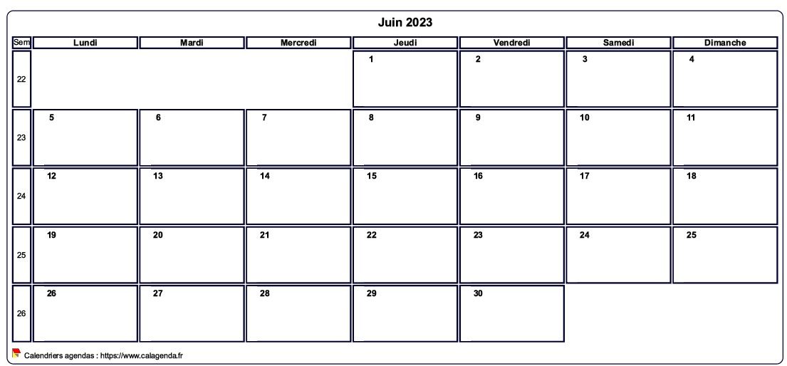 Calendrier juin 2023 personnalisable avec les vacances scolaires
