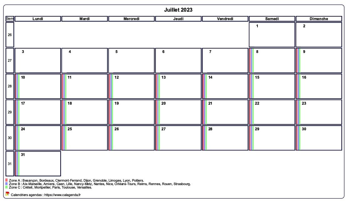 Calendrier juillet 2023 personnalisable avec les vacances scolaires Calendrier juillet 2023 personnalisable avec les vacances scolaires