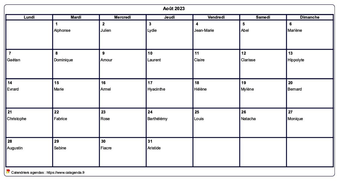 Calendrier août 2023 à imprimer vierge, avec les fêtes
