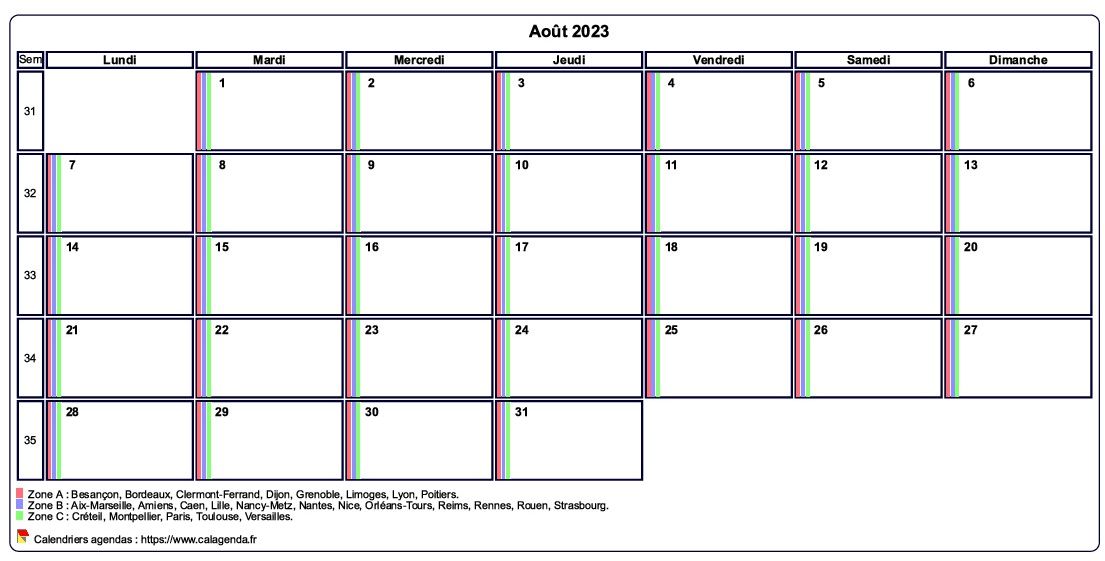 Calendrier août 2023 personnalisable avec les vacances scolaires Calendrier août 2023 personnalisable avec les vacances scolaires
