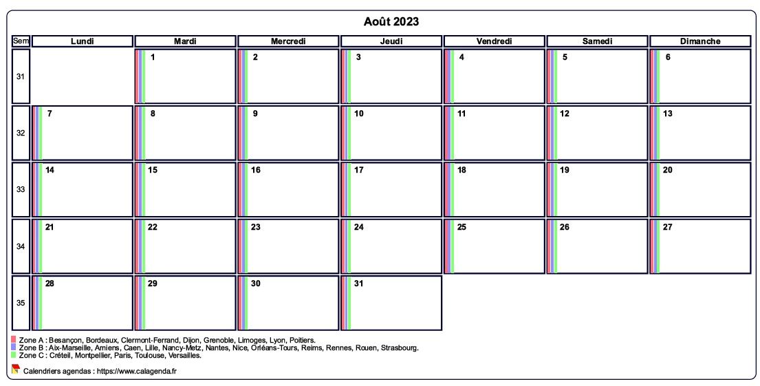 Calendrier août 2023 personnalisable avec les vacances scolaires