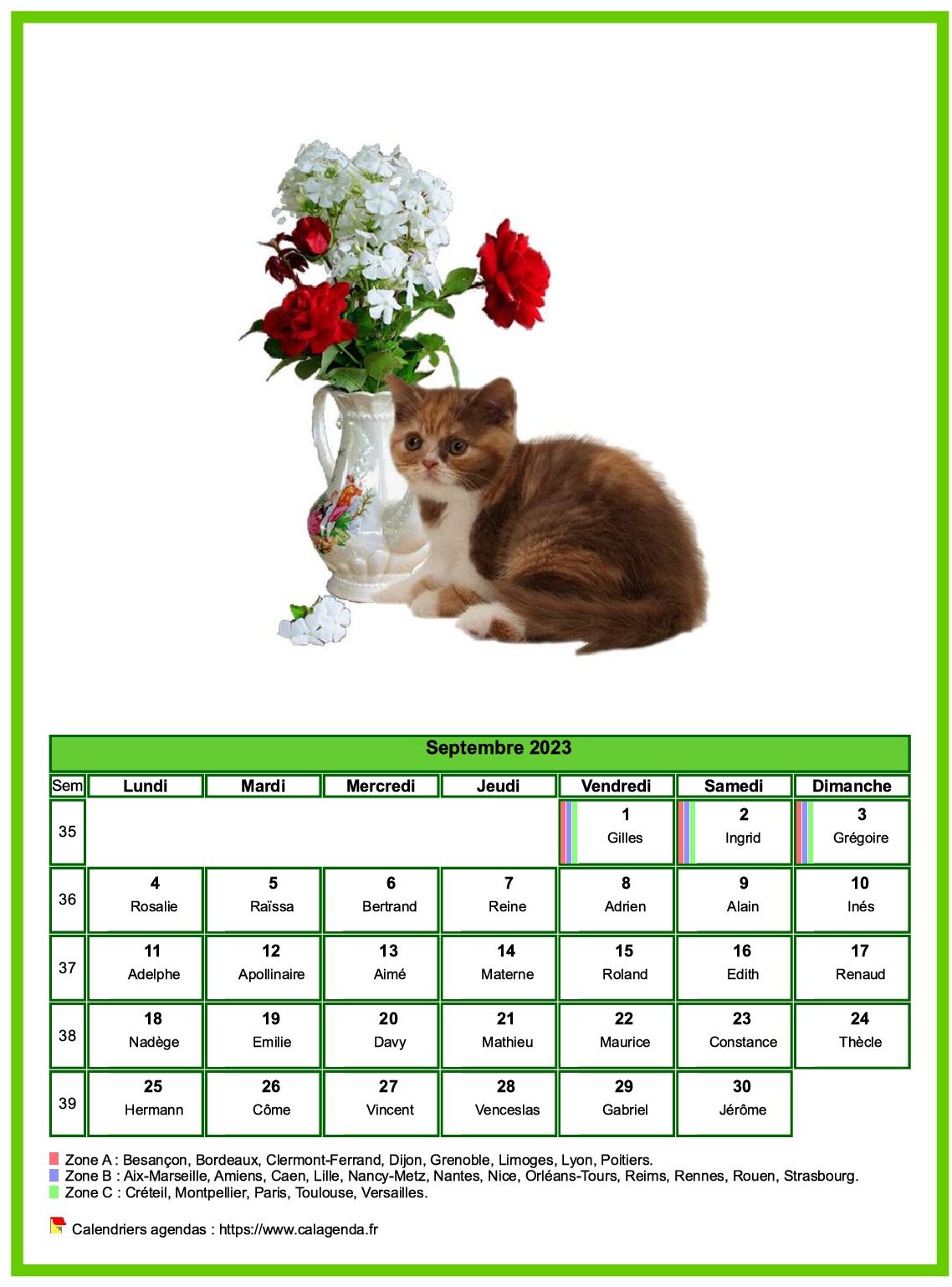 Calendrier septembre 2023 chats