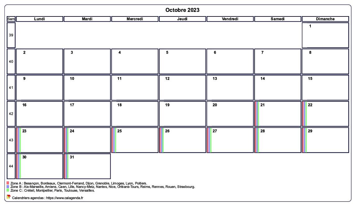 Calendrier octobre personnalisable avec les vacances scolaires