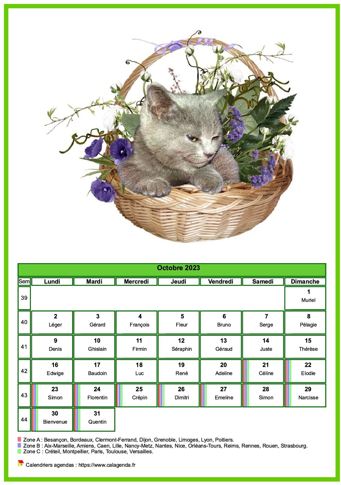 Calendrier octobre 2023 chats