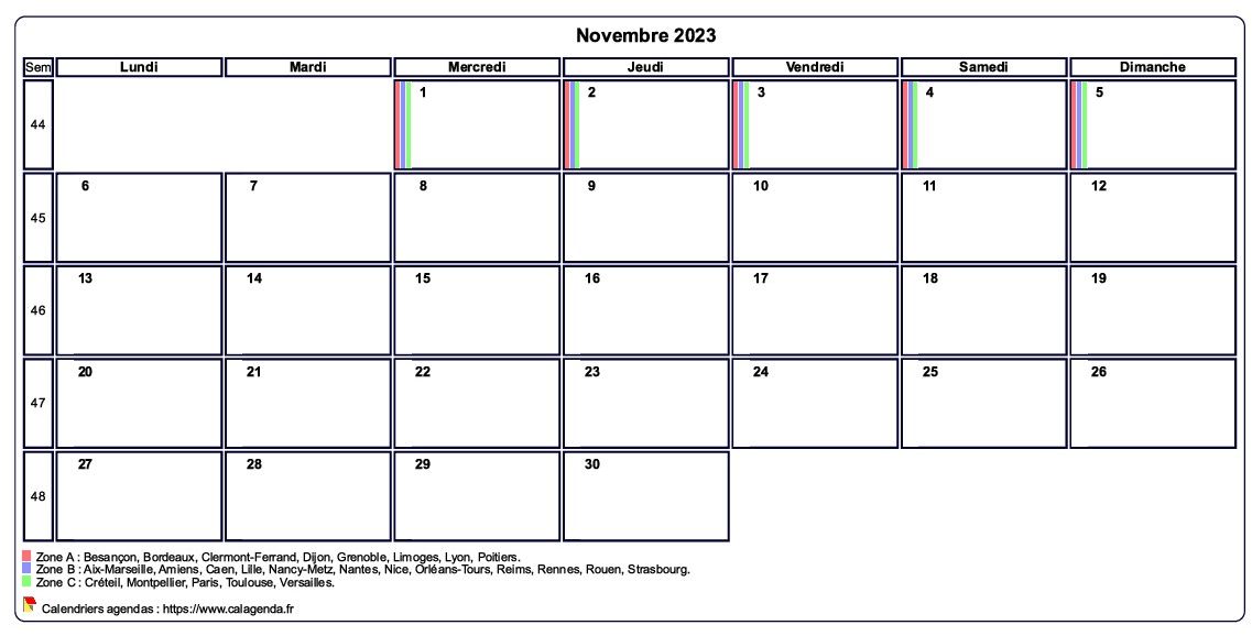 Calendrier novembre 2023 personnalisable avec les vacances scolaires