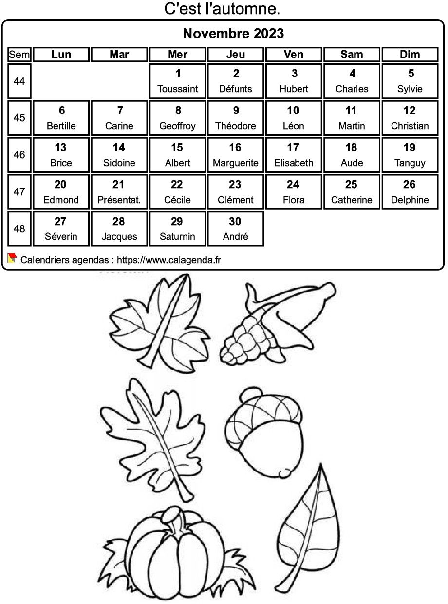 Calendrier 2023 à colorier du mois de novembre