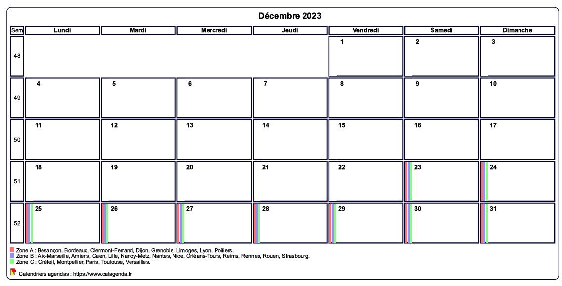 Calendrier décembre personnalisable avec les vacances scolaires