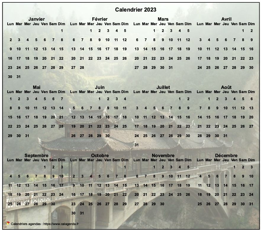 Calendrier 2023 annuel à imprimer, format paysage, quatre colonnes par trois lignes, par dessus une photo