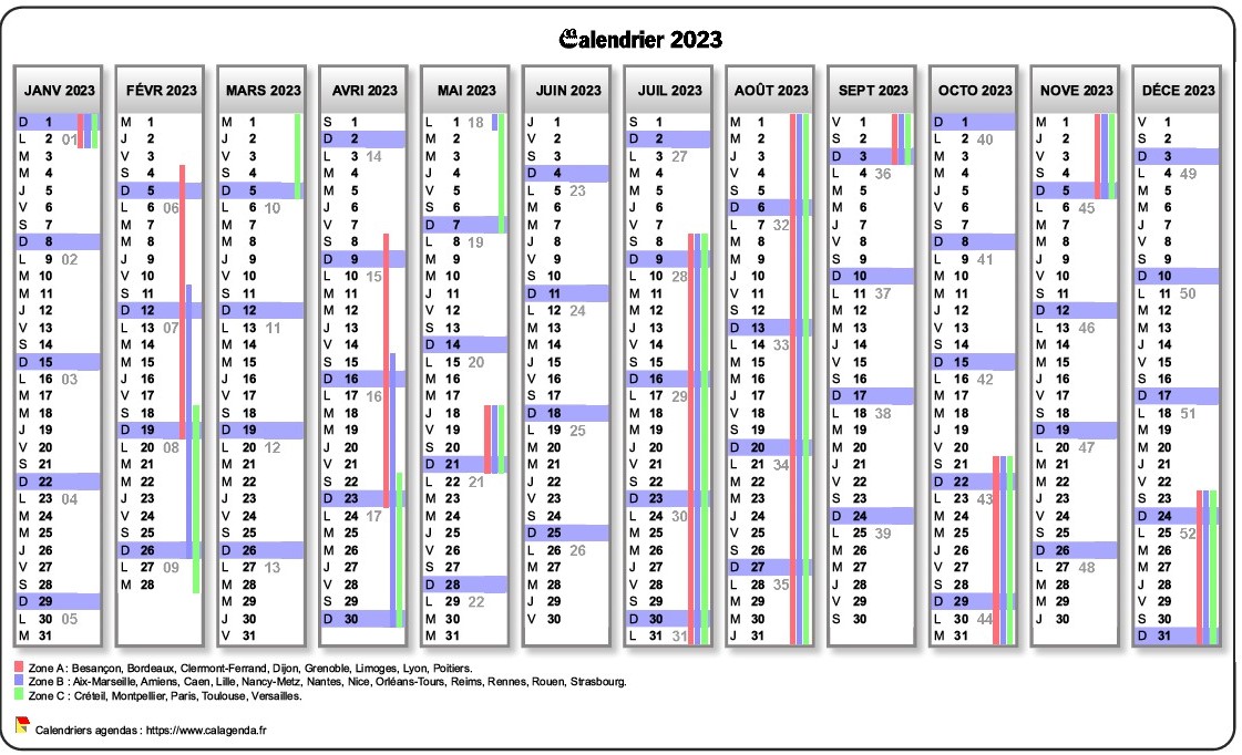 Calendrier 2023 scolaire avec agenda et les numéros de semaine