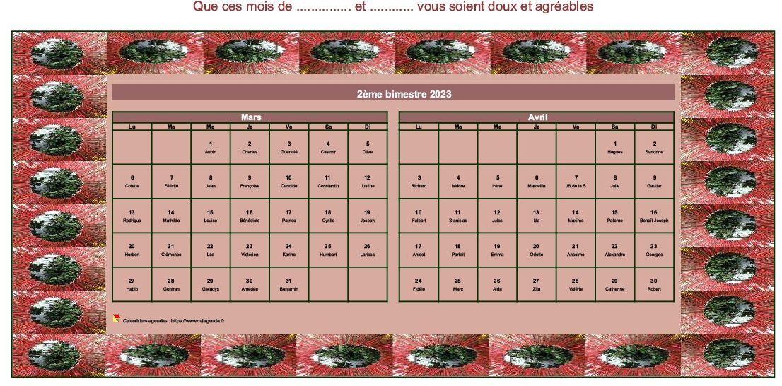 Calendrier 2023 à imprimer bimestriel décoratif, format paysage, avec cadre photo Calendrier 2023 à imprimer bimestriel décoratif, format paysage, avec cadre photo