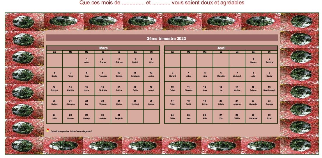 Calendrier 2023 à imprimer bimestriel décoratif, format paysage, avec cadre photo