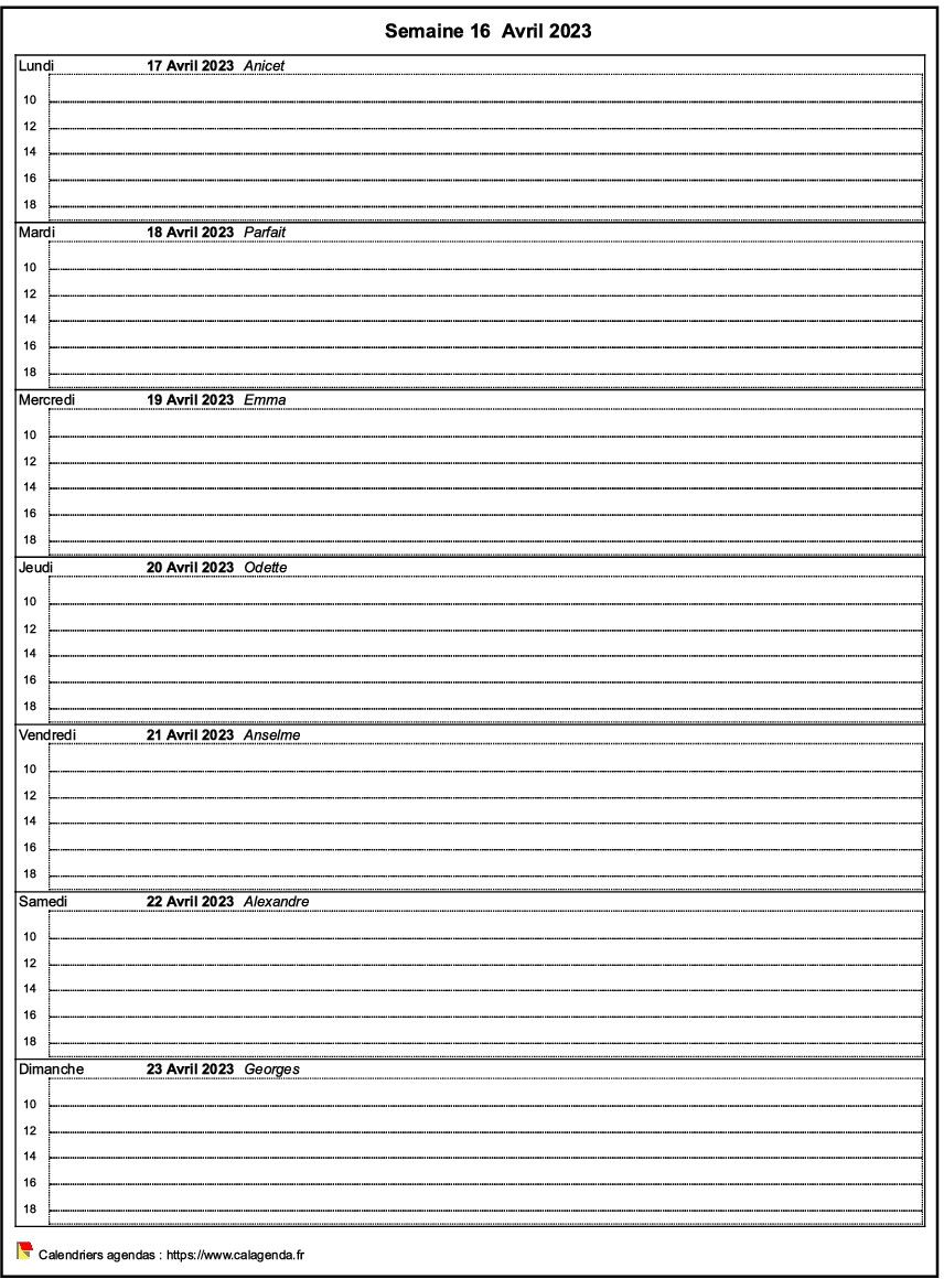 Calendrier hebdomadaire de format portrait avec grille horaire