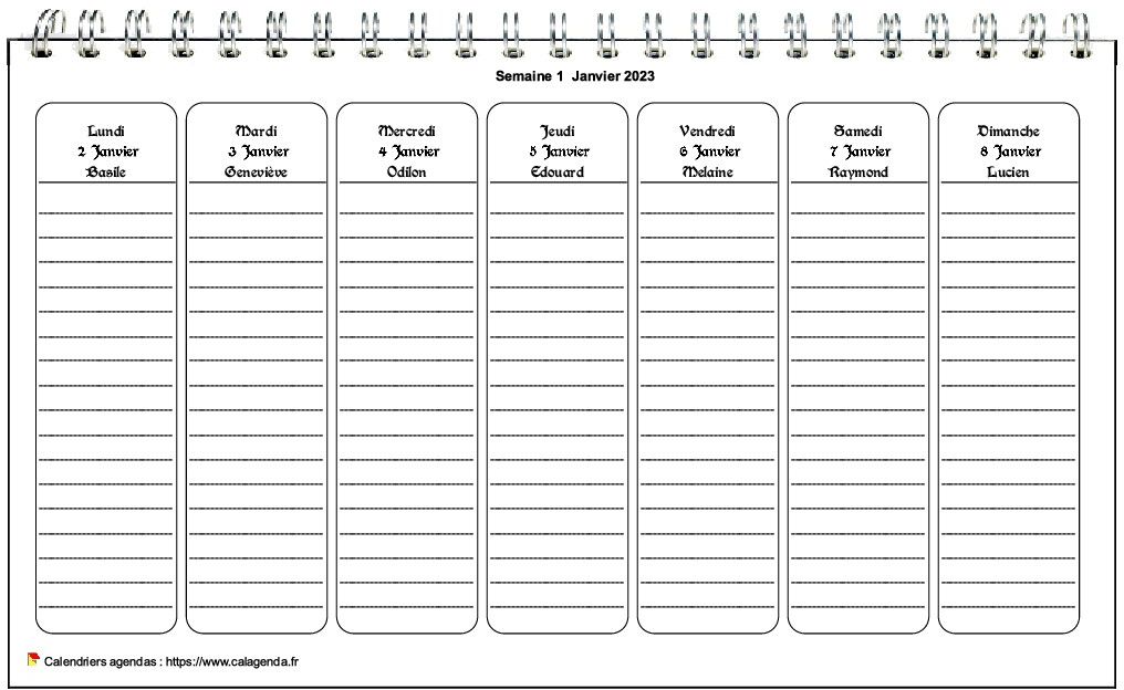 Calendrier hebdomadaire à imprimer de format paysage