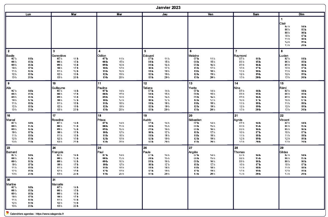 Calendrier mensuel 2023 à imprimer vierge, avec les horaires dans chaque case