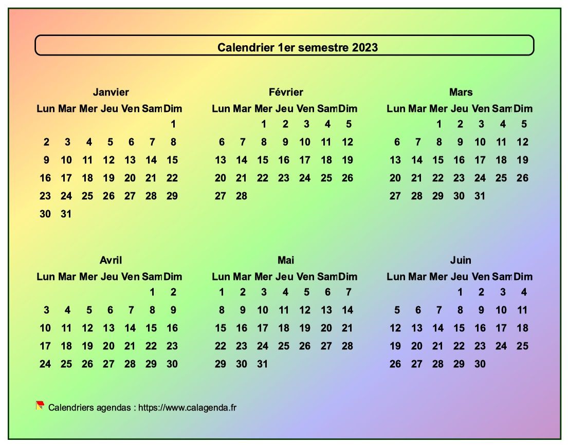 Calendrier 2023 semestriel style arc en ciel