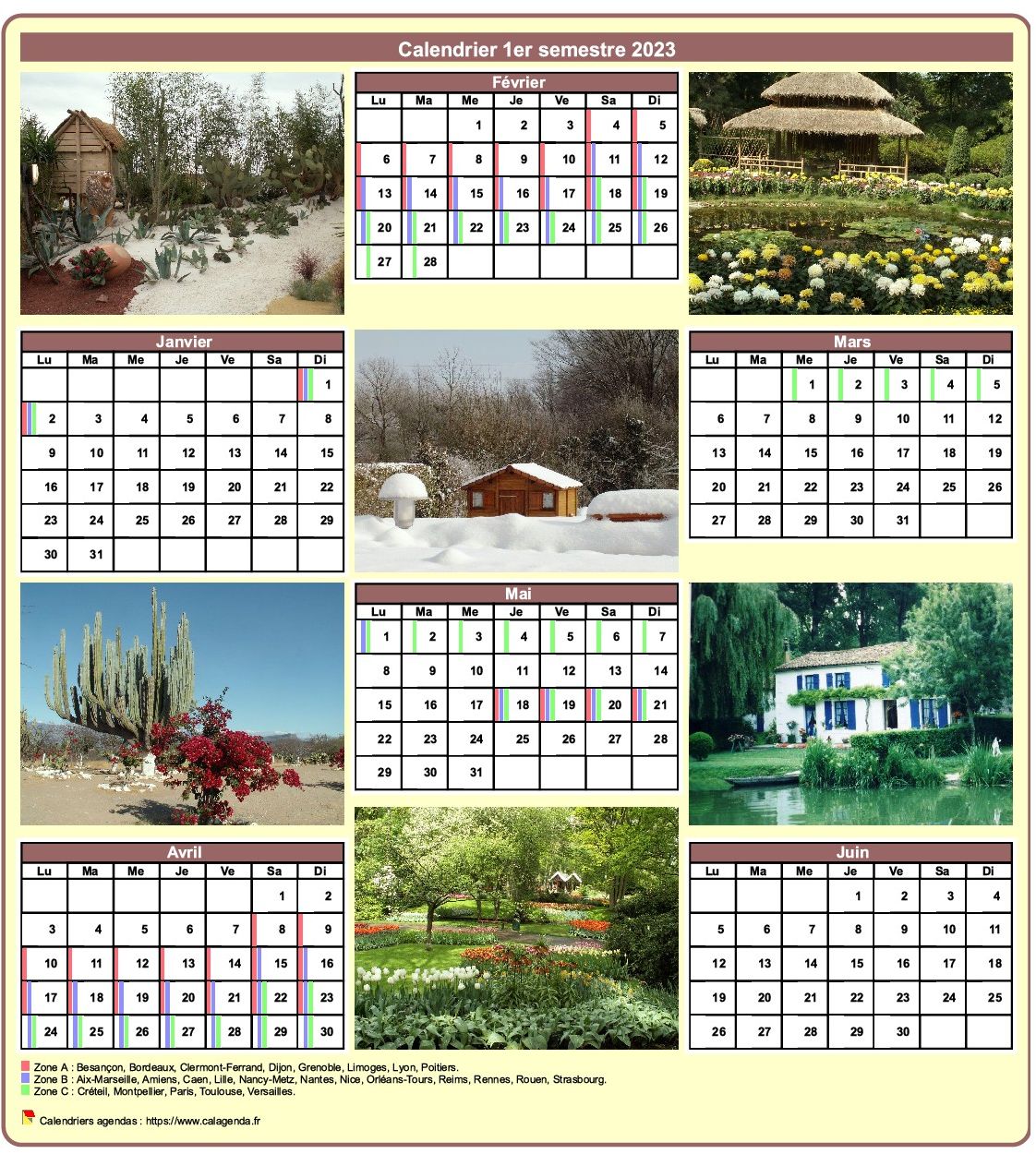 Calendrier 2023 semestriel avec une photo différente chaque mois