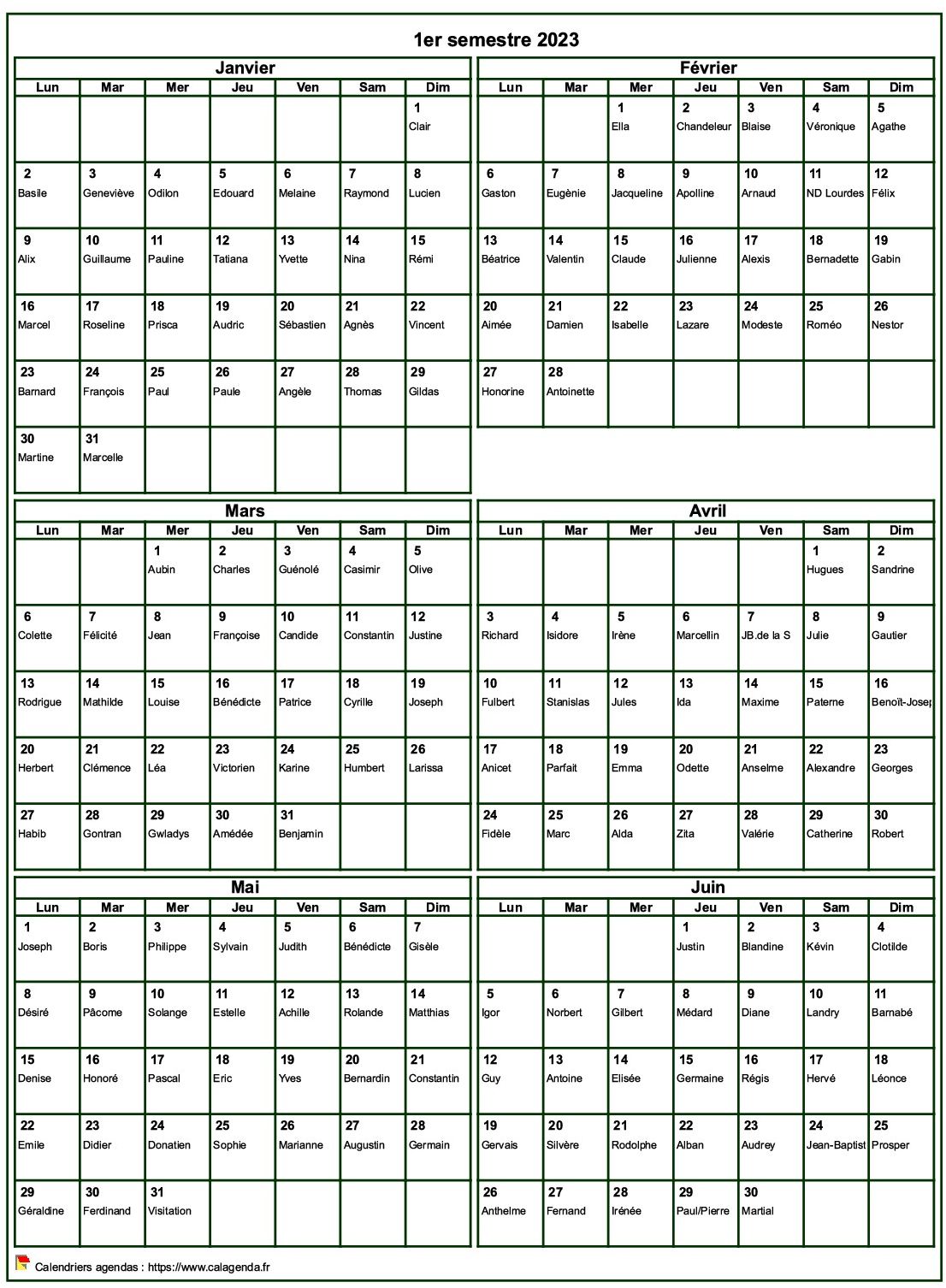 Calendrier 2023 à imprimer semestriel, format portrait, avec les fêtes