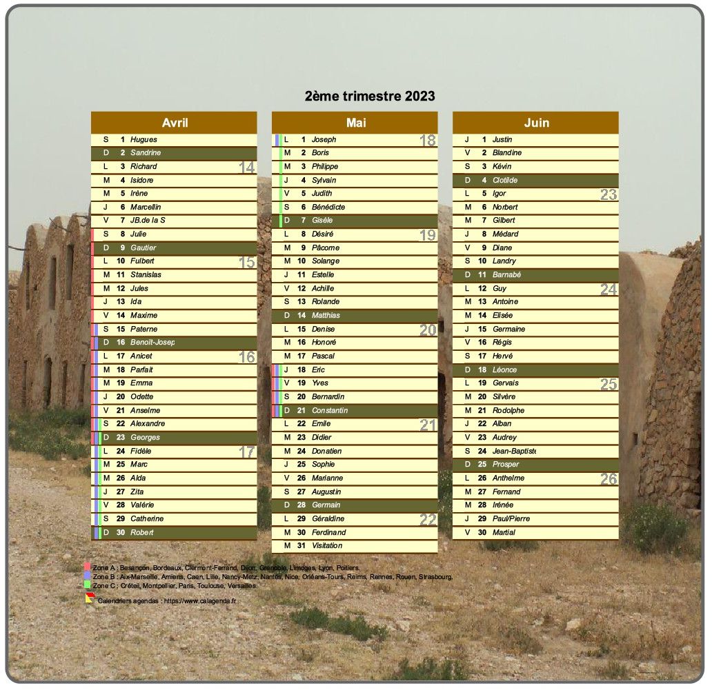 Calendrier 2023 trimestriel décoratif avec photo, format portrait, une colonne par mois