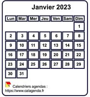 Calendrier de janvier 2023 à imprimer, fond blanc, taille mini, format poche, spécial portefeuille