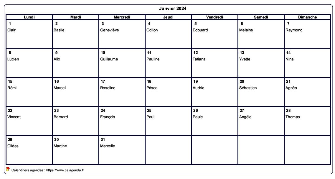 Calendrier janvier 2024 à imprimer vierge, avec les fêtes Calendrier janvier 2024 à imprimer vierge, avec les fêtes
