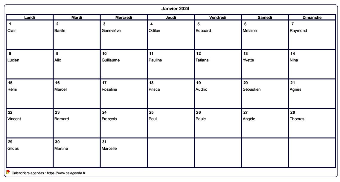 Calendrier de janvier 2024 à imprimer