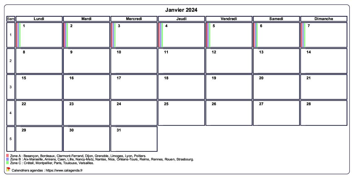 Calendrier janvier 2024 personnalisable avec les vacances scolaires