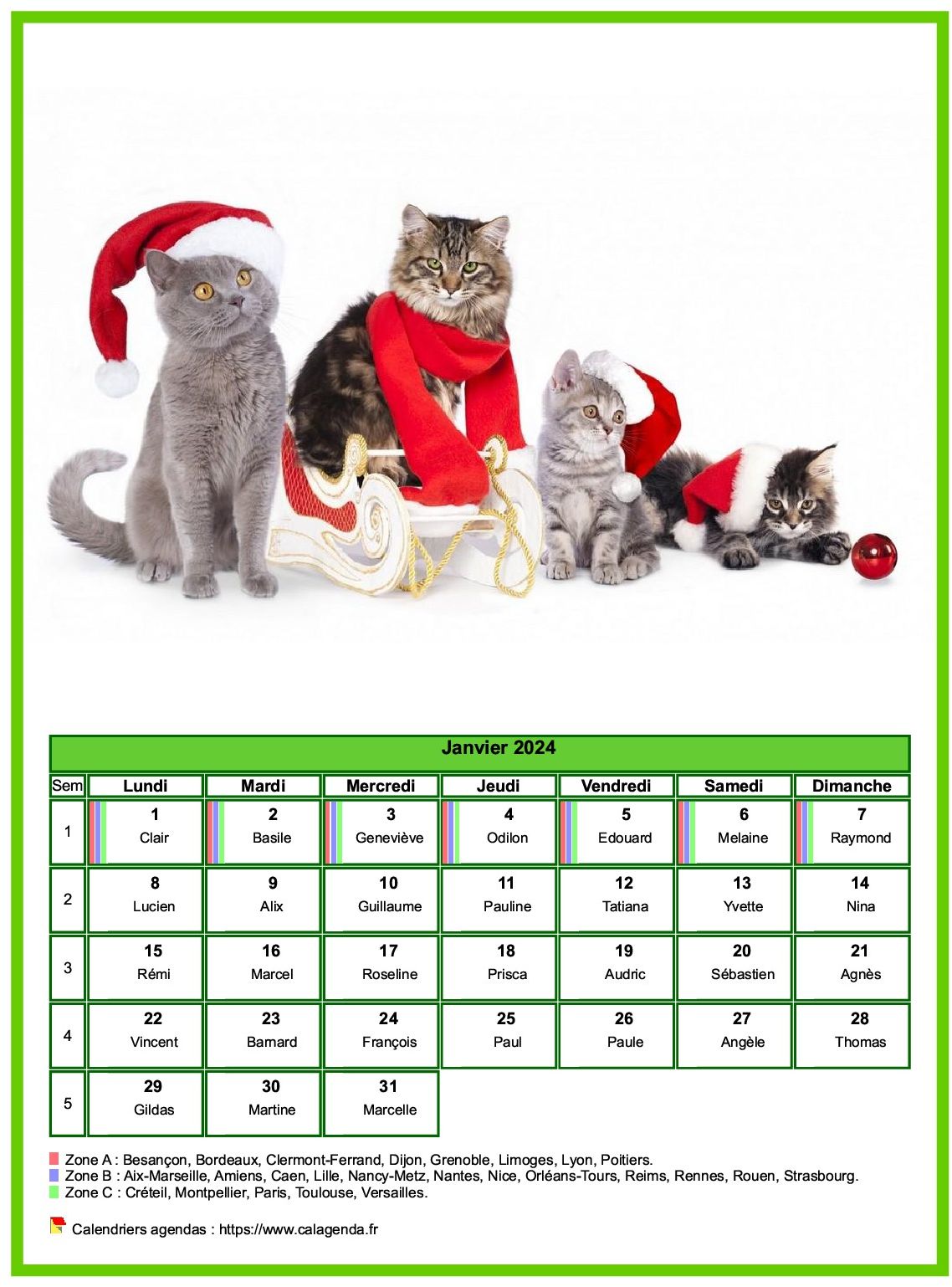 Calendrier janvier 2024 chats