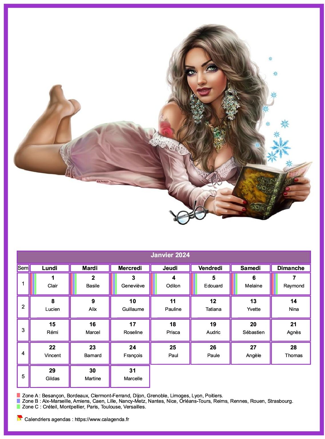 Calendrier janvier 2024 femmes