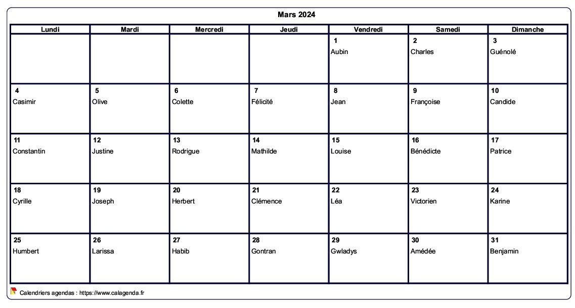 Calendrier mars 2024 à imprimer vierge, avec les fêtes