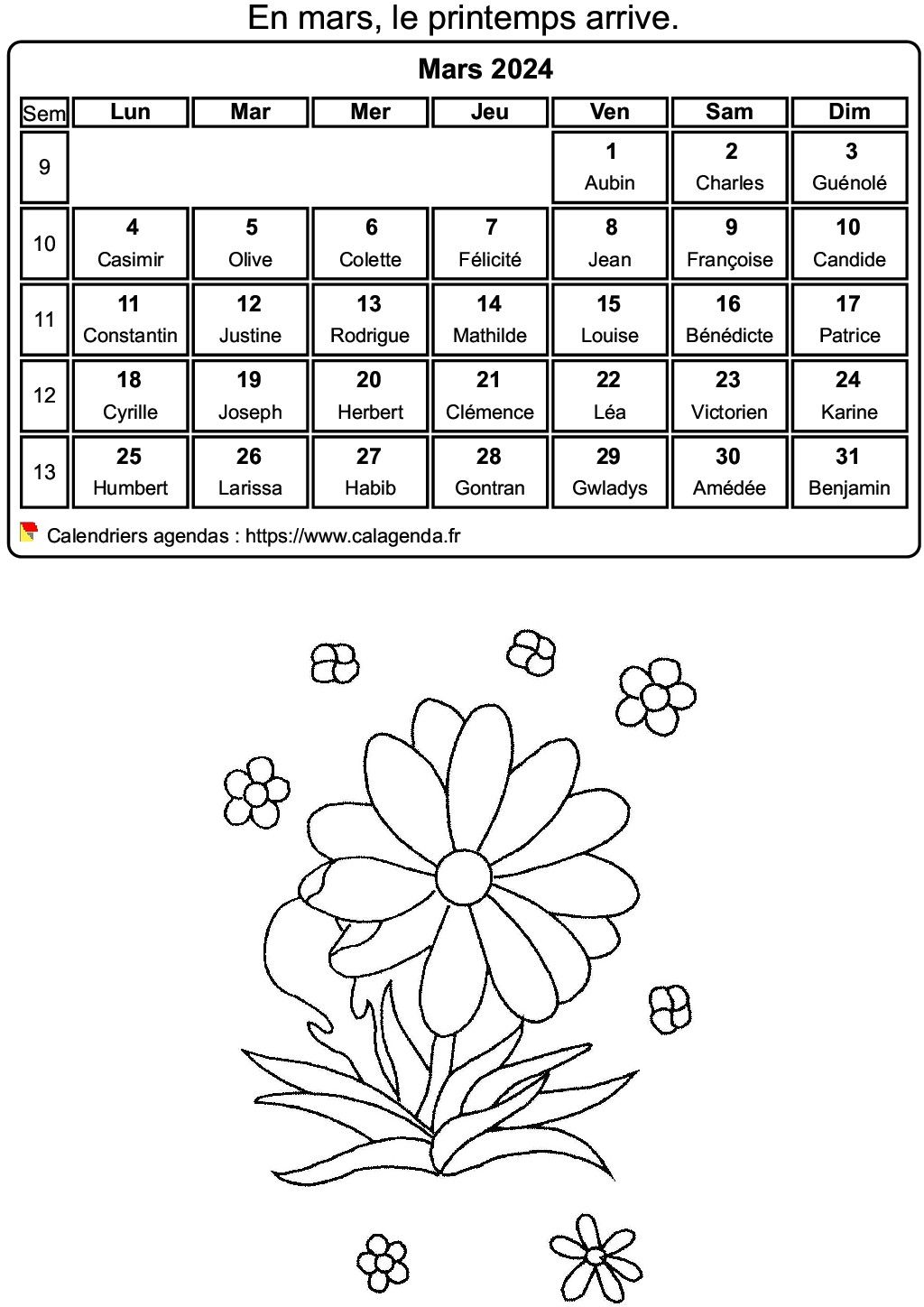 Calendrier 2024 à colorier du mois de mars