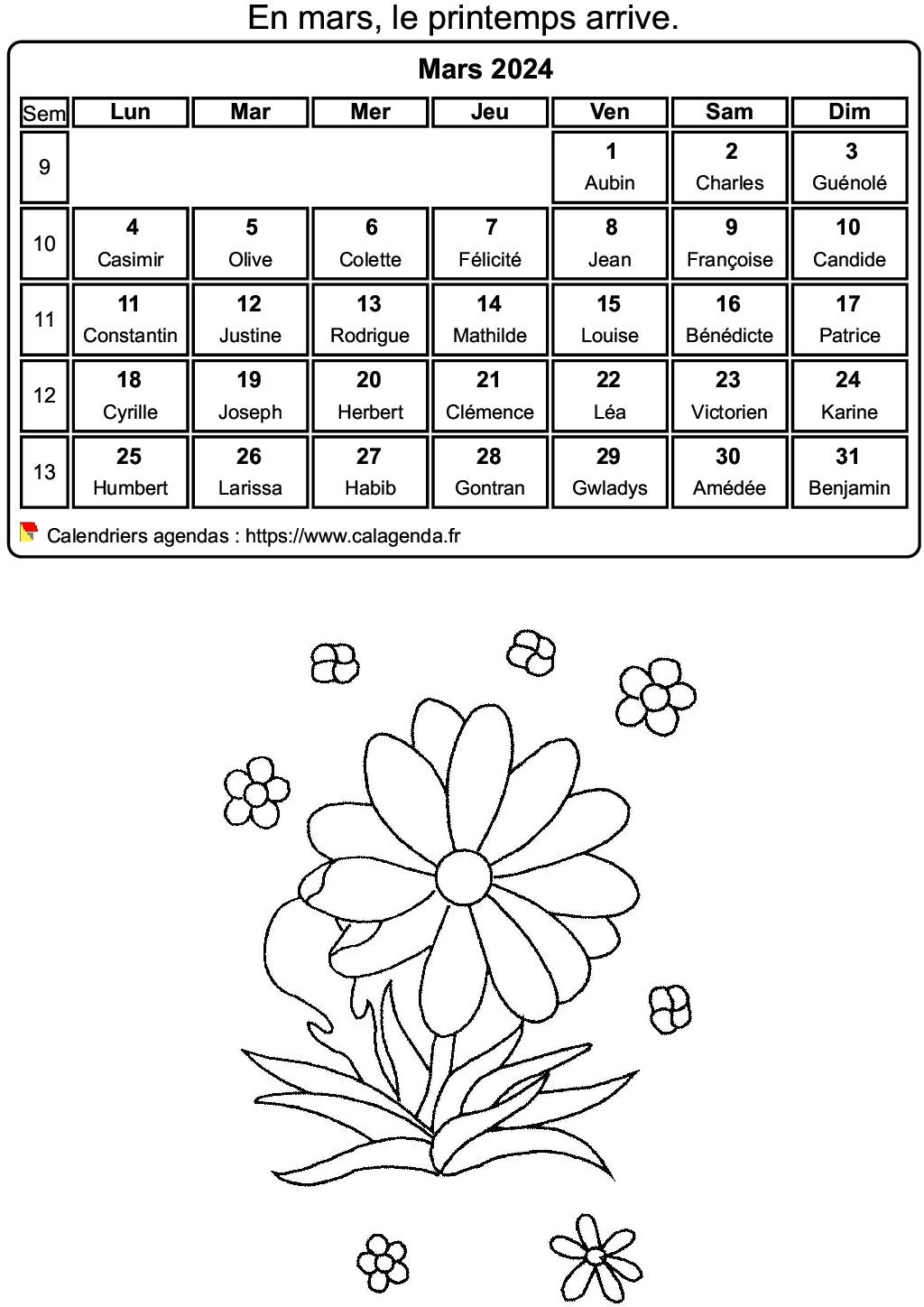 Calendrier à colorier du mois de mars