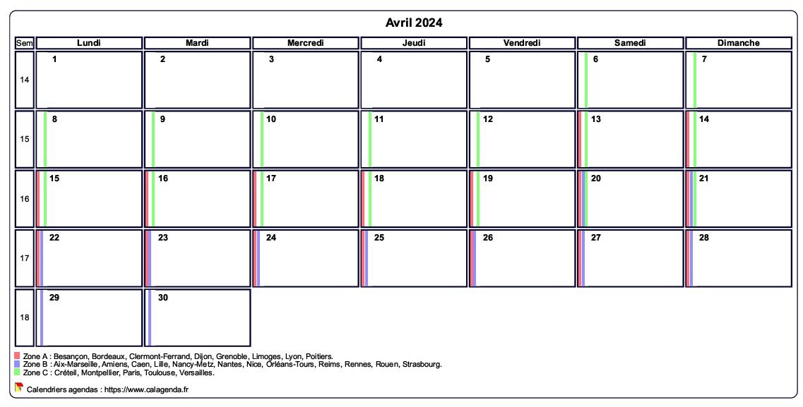 Calendrier avril 2024 personnalisable avec les vacances scolaires