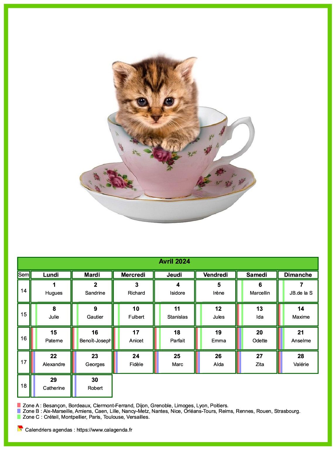 Calendrier avril 2024 chats