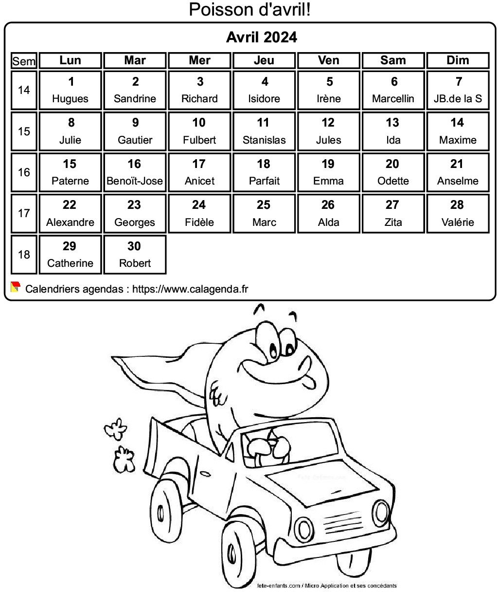 Calendrier à colorier avril 2024
